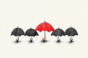 Poster - A playful depiction of a single red umbrella in a row of black umbrellas, drawn with bold lines and vibrant colors on a clean white background