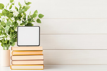 Poster - A sleek e-reader is displayed atop a stack of colorful books on a wooden desk. Bright natural light fills the space, creating a serene and minimalist atmosphere