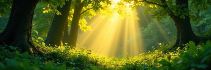 Wall Mural - Golden light streams through leafy canopy, illuminating green undergrowth , environment, bright