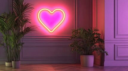 Poster - Elegant interior featuring a heart neon light glowing warmly against a stylish wall, complemented by chic potted plants