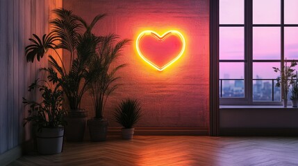Poster - Elegant interior featuring a heart neon light glowing warmly against a stylish wall, complemented by chic potted plants
