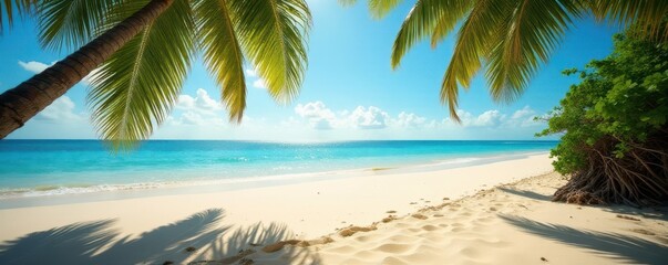 Wall Mural - Shadowy palm fronds cast patterns on warm sand near tranquil ocean , heat, tropical