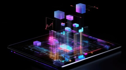 Poster - A tablet with floating holographic charts and graphs above it, symbolizing the power of advanced data analytics and futuristic business insights