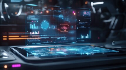 Poster - A tablet with floating holographic charts and graphs above it, symbolizing the power of advanced data analytics and futuristic business insights