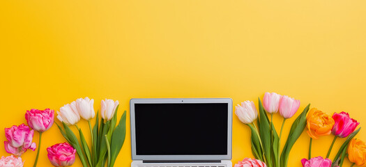 Poster - Vibrant tulips surround an open laptop on a cheerful yellow background for spring inspiration
