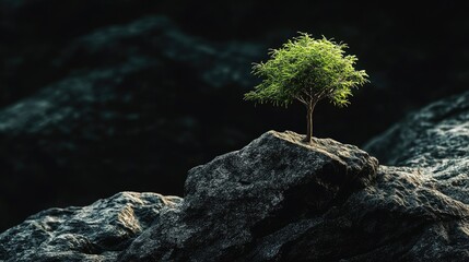 Poster - A tiny tree clings to uneven rocks, bathed in light, with a dark and mysterious backdrop creating a captivating and symbolic scene of growth and resilience