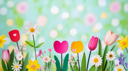 Poster - Colorful spring flowers bloom against a soft blurred pastel background during a sunny afternoon