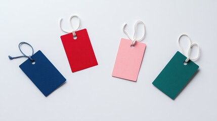 Poster - A top-down shot of four modern tags in vibrant red, blue, pink, and green, scattered randomly on a clean white surface, creating a colorful and organized look