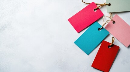 Poster - A top-down shot of four modern tags in vibrant red, blue, pink, and green, scattered randomly on a clean white surface, creating a colorful and organized look