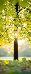 Poster - Sunlit park tree, leaves, sunrise, calm