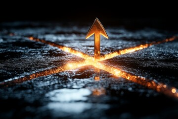 Poster - A single downward-pointing arrow intersecting a forked path, symbolizing a critical decision point, rendered with bold lines and simple shapes