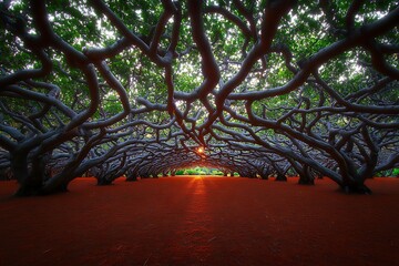 Poster - Sunlit Twisted Tree Tunnel, Red Ground, Park