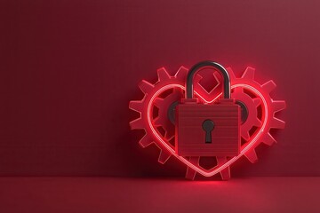 Poster - Cybersecurity Heart concept. A glowing red heart with a padlock and gears symbolizes love, security, and connection, set against a deep red background.