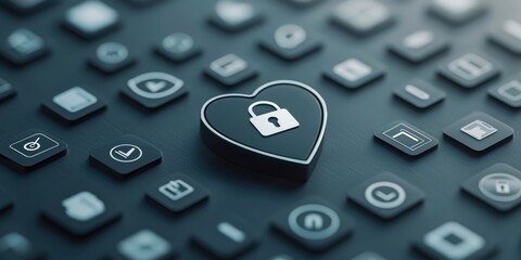 Poster - Security Heart concept. A heart-shaped icon with a padlock sits among various digital buttons, symbolizing love and security in technology.