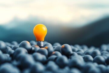 Aufkleber - A single glowing light bulb among a cluster of unlit bulbs, symbolizing a distinct idea or realization