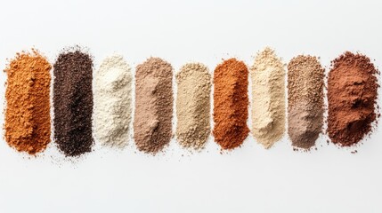Poster - A variety of natural powders and grains in small heaps, arranged to form a gradient of earthy tones on a clean white surface, highlighting the beauty of nature textures