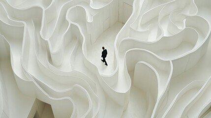 Poster - A vast white maze with a businessman making his way through, seen from above, emphasizing the complexity of business decisions and challenges ahead