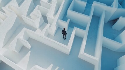 Poster - A vast white maze with a businessman making his way through, seen from above, emphasizing the complexity of business decisions and challenges ahead
