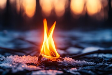 Poster - A single lit match in a dark forest, especially emphasizing its light and fragility