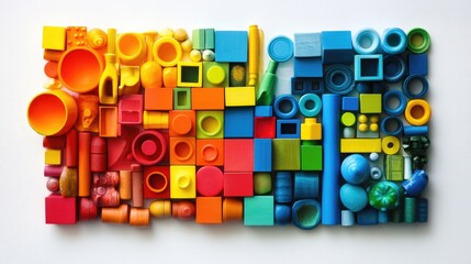 Poster - A vibrant assortment of children's building blocks in bright colors, arranged haphazardly on a white background, symbolizing playfulness and imagination