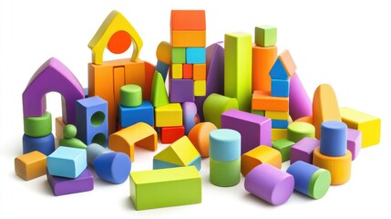 Poster - A vibrant assortment of children's building blocks in bright colors, arranged haphazardly on a white background, symbolizing playfulness and imagination