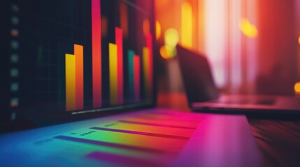Poster - A vibrant bar graph illustrating success rates on a document, with a blurred laptop background, showcasing a productive business environment focused on analytics