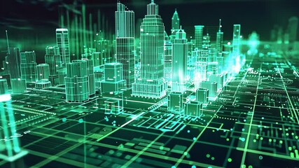 Poster - Neon-lit futuristic city skyline at night with digital overlays and data links