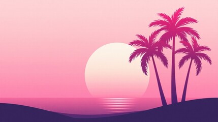 Sticker - Serene Pink Sunset Over Tranquil Ocean with Silhouette of Palm Trees on Sandy Shore