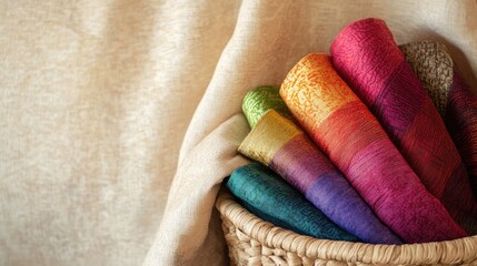 Poster - A vibrant display of fabrics in rainbow hues inside a woven basket, sitting atop a soft beige fabric backdrop, showcasing the beauty of textile artistry