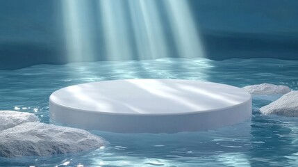 Poster - serene white round podium surrounded by water with soft light rays illuminating from above in a tran