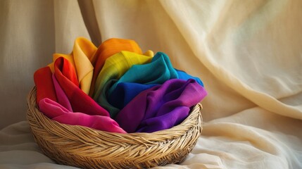 Poster - A vibrant display of fabrics in rainbow hues inside a woven basket, sitting atop a soft beige fabric backdrop, showcasing the beauty of textile artistry