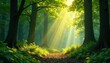 © sawaratch - Golden sunlight shafts pierce emerald canopy, dappled forest floor , woodland, sun rays