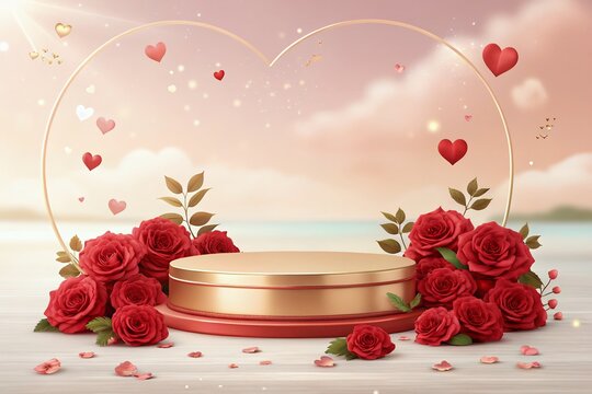 valentines background  3d rendering podium stand to show cosmetic products. Stage romance showcase on pedestal pink