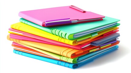 Poster - A vibrant stack of colorful notebooks surrounded by highlighters and sticky notes, arranged neatly on a clean white background, perfect for study or organization