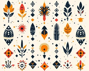 Poster - Minimalist Tribal Pattern in Soft Pastel Tones with Repetitive Linear Shapes and Symbols for a Modern Aesthetic Concept
