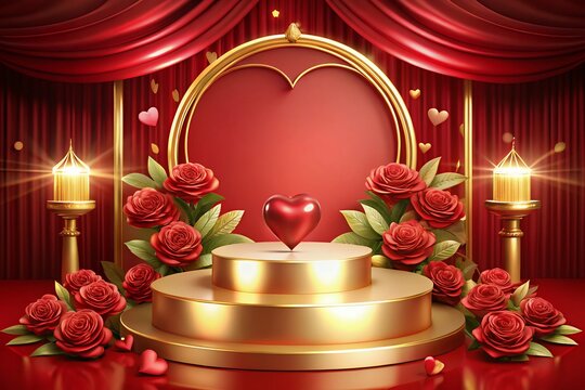 frame with red rose  3d rendering podium stand to show cosmetic products. Stage romance showcase on pedestal pink