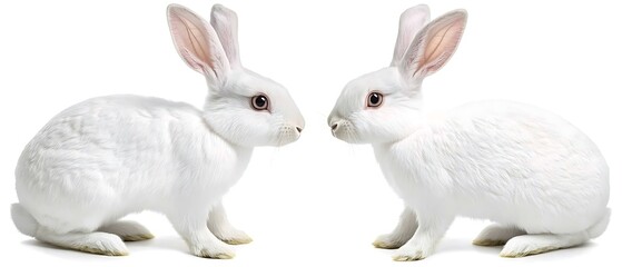 Two white rabbits facing, studio shot, white background, pet, Easter