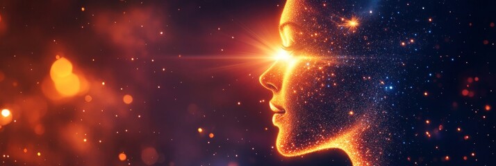Poster - Cosmic Consciousness. Profile of a woman emerging from stardust., on a dark starry night background