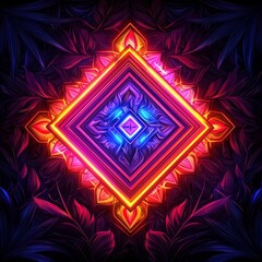 Poster - vibrant tribal pattern with glowing neon accents on black background