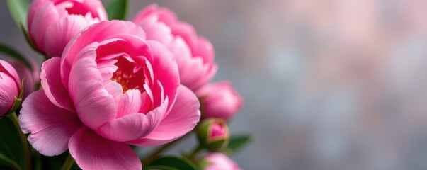 Wall Mural - Full, vibrant pink peony and rose bouquet, ample negative space , delicate, garden