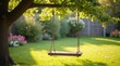 © Kristina - A charming swing hanging from a sturdy tree branch in a sunny yard, surrounded by vibrant green grass and colorful flowers.