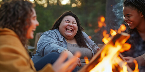 Wall Mural - Three Women Laughing Around Campfire at Dusk