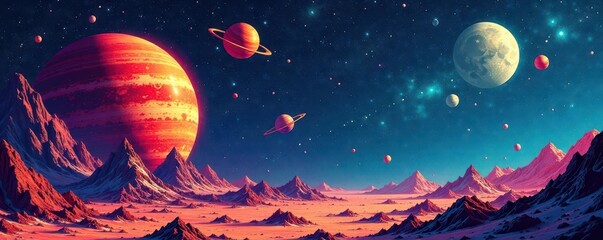 Wall Mural - Retro space travel posters, vibrant colors, celestial bodies, adventure, design