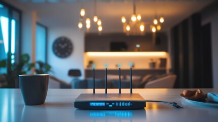 Poster - A wireless router in a stylish, modern home, sending signals to multiple connected devices, representing seamless technology integration and smart home solutions