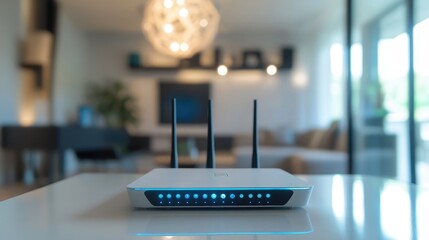 Poster - A wireless router in a stylish, modern home, sending signals to multiple connected devices, representing seamless technology integration and smart home solutions