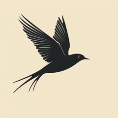 Aufkleber - Black bird in flight with detailed wings against a light background showcasing grace and movement in nature. Generative AI