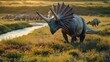 © Stock Source Studio - Triceratops horridus belonging the Ceratopsidae family grazing near a river in a meadow filled with wildflowers during the Late Cretaceous period under the glow of sunset