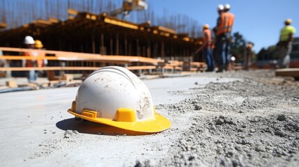 Poster - A yellow and white hard hat placed on the concrete at a construction site, with construction workers actively building in the blurred background