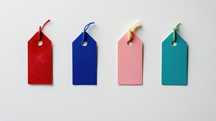 Poster - An artistic overhead view of four colorful tags--red, blue, pink, and green--on a pristine white surface, creating a bright, clean, and modern visual effect