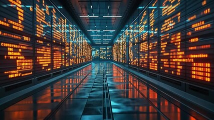Fototapete - Vibrant digital corridor with glowing data displays in a futuristic, modern architecture setting